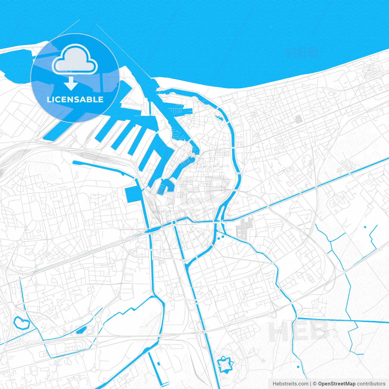 Dunkirk, France PDF vector map with water in focus