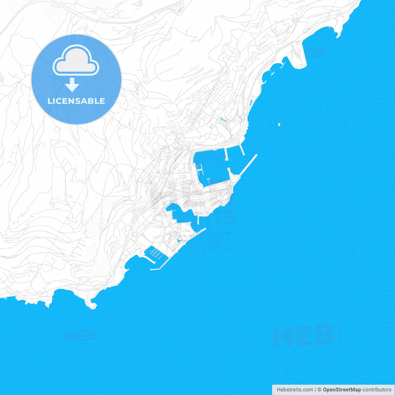 Monaco-Ville, Monaco PDF vector map with water in focus