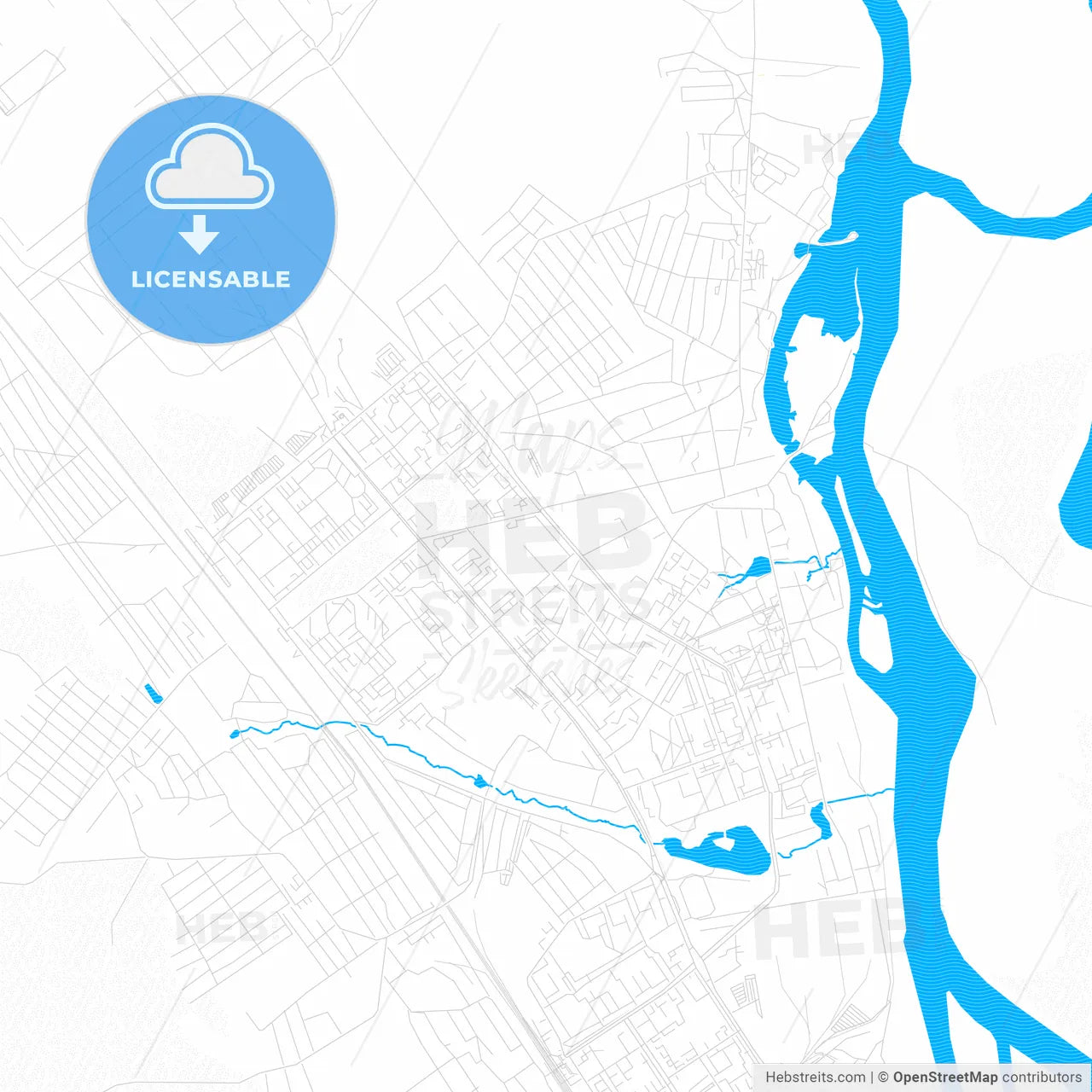 Usolye-Sibirskoye, Russia PDF vector map with water in focus