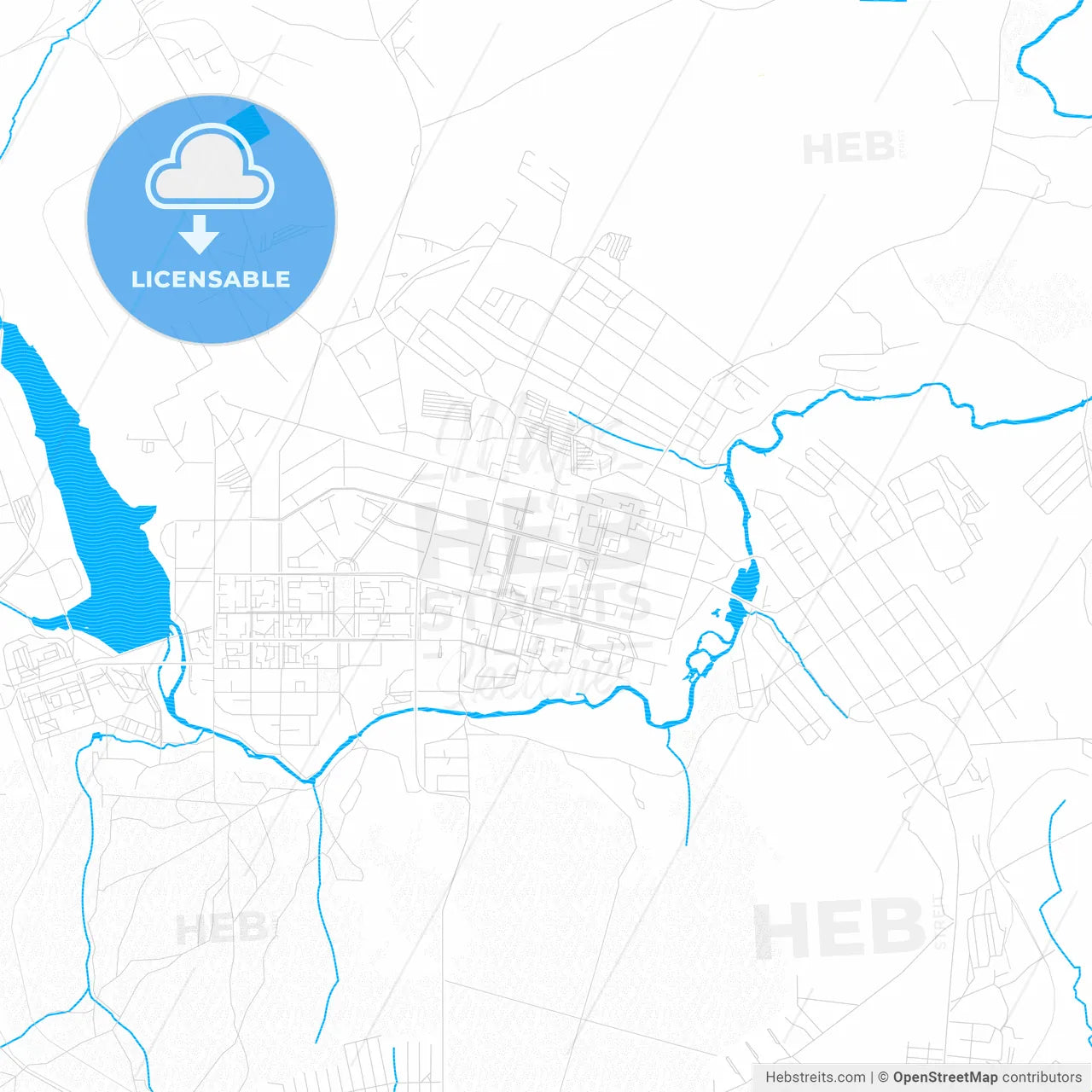 Krasnoturyinsk, Russia PDF vector map with water in focus