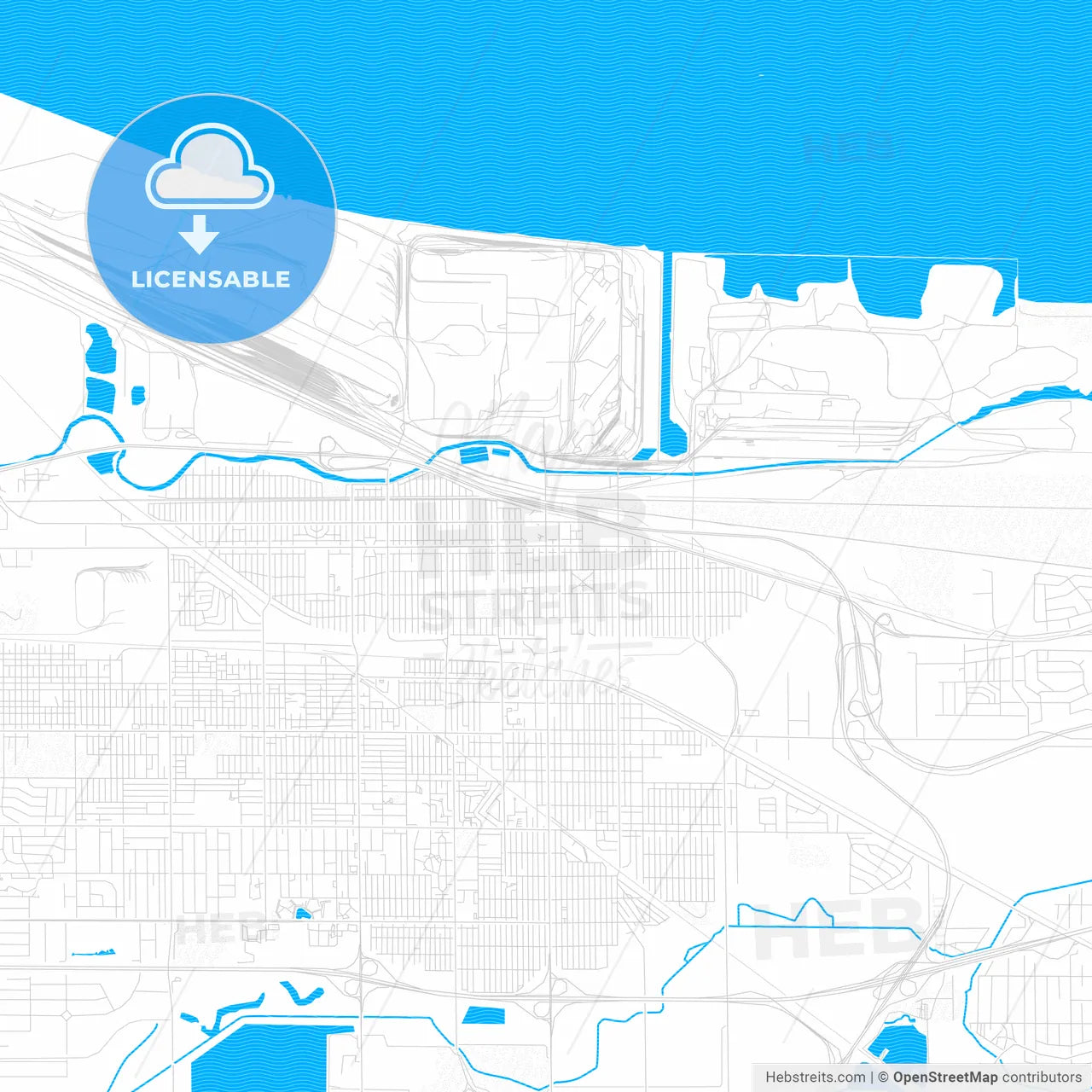 Gary, Indiana, United States, PDF vector map with water in focus