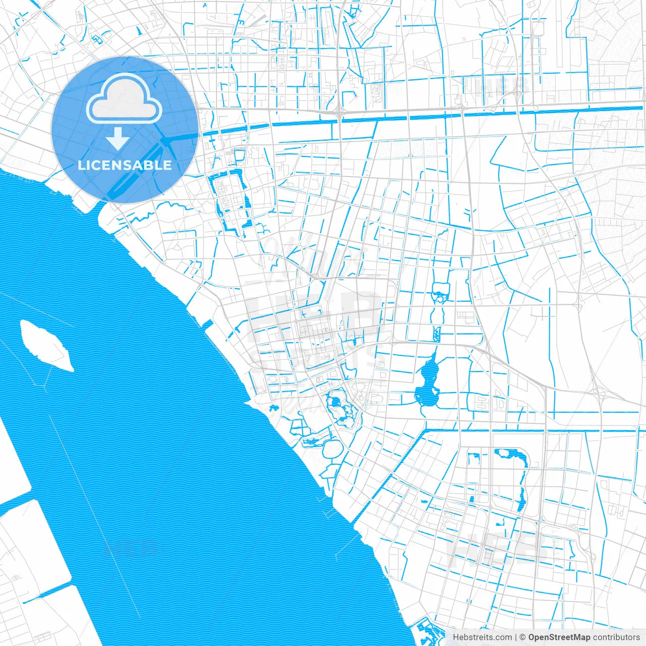 Nantong, China PDF vector map with water in focus
