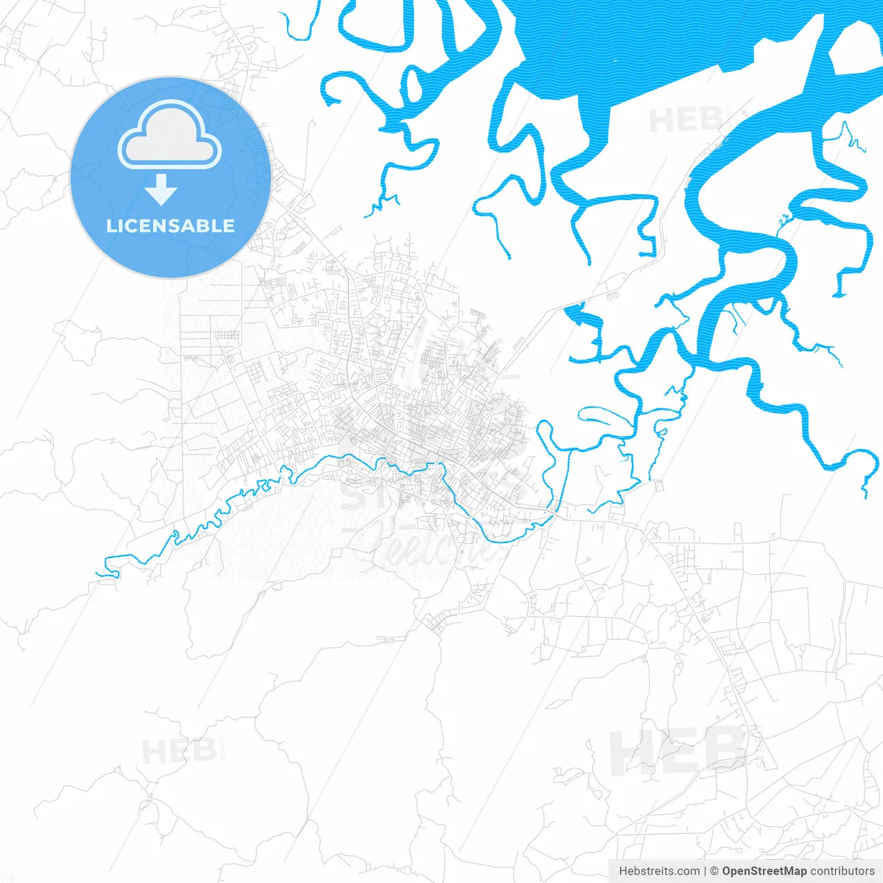 Langsa, Indonesia PDF vector map with water in focus