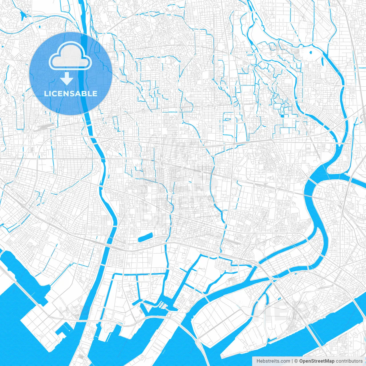 Amagasaki, Japan PDF vector map with water in focus
