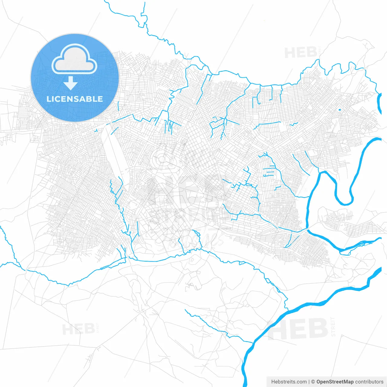 Mbuji-Mayi, DR Congo PDF vector map with water in focus