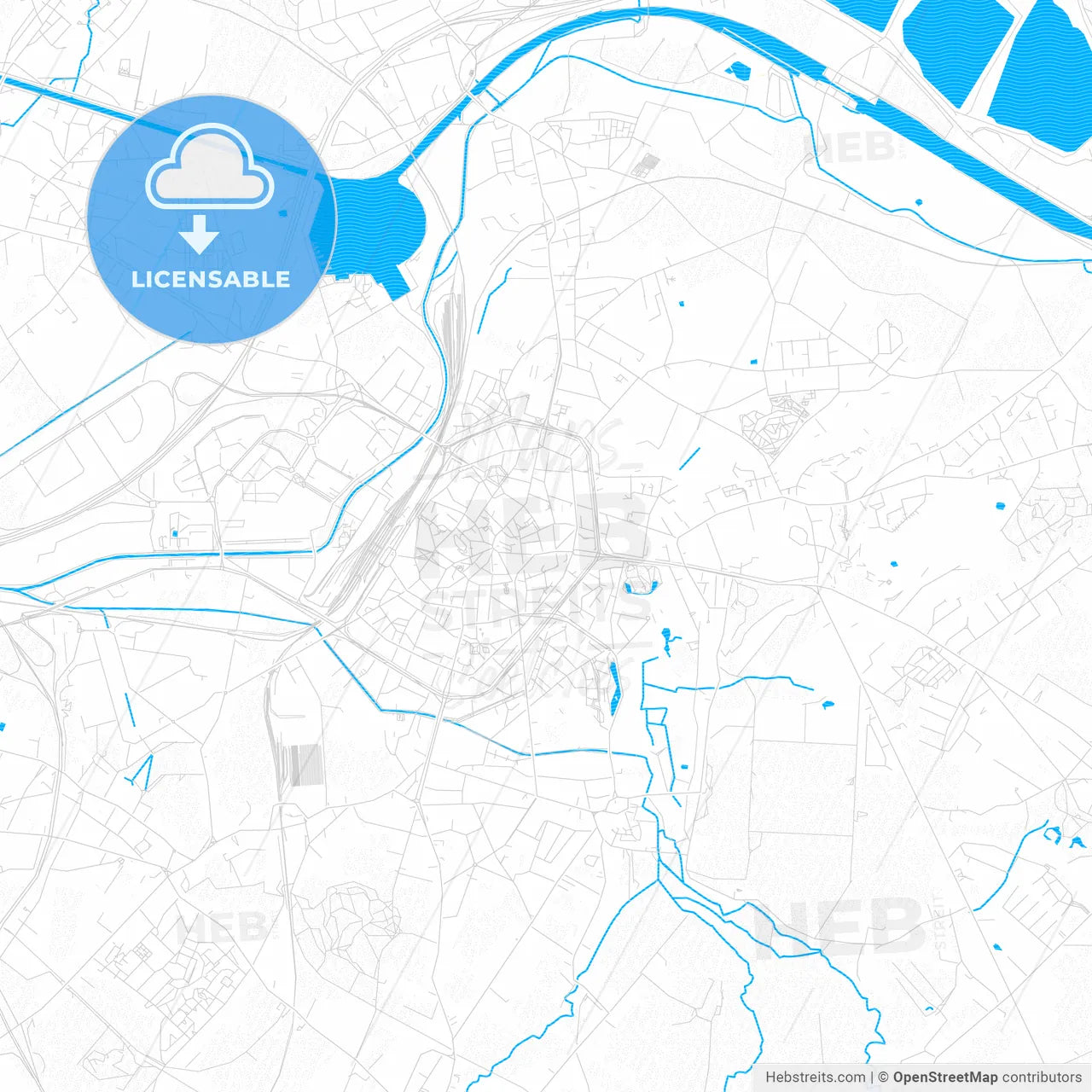 Mons, Belgium PDF vector map with water in focus