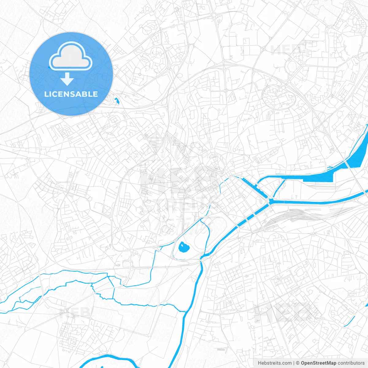 Caen, France PDF vector map with water in focus