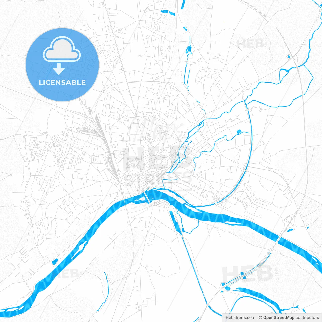 Nevers, France PDF vector map with water in focus
