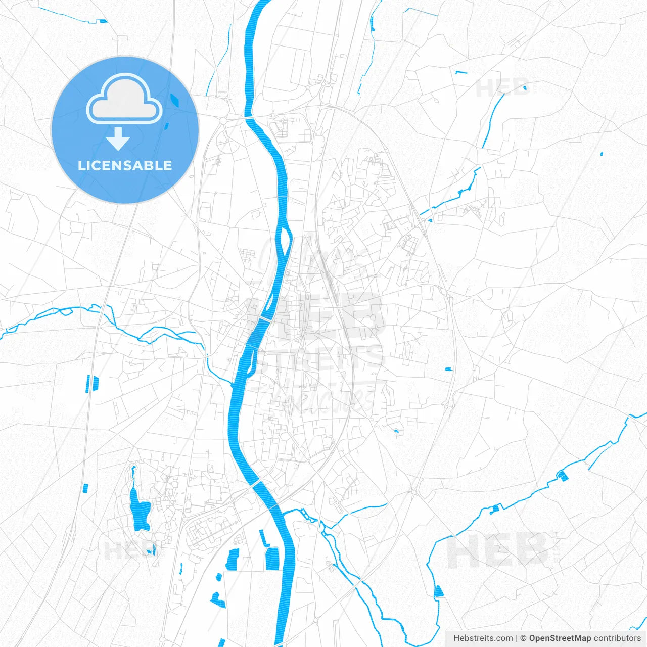Châtellerault, France PDF vector map with water in focus