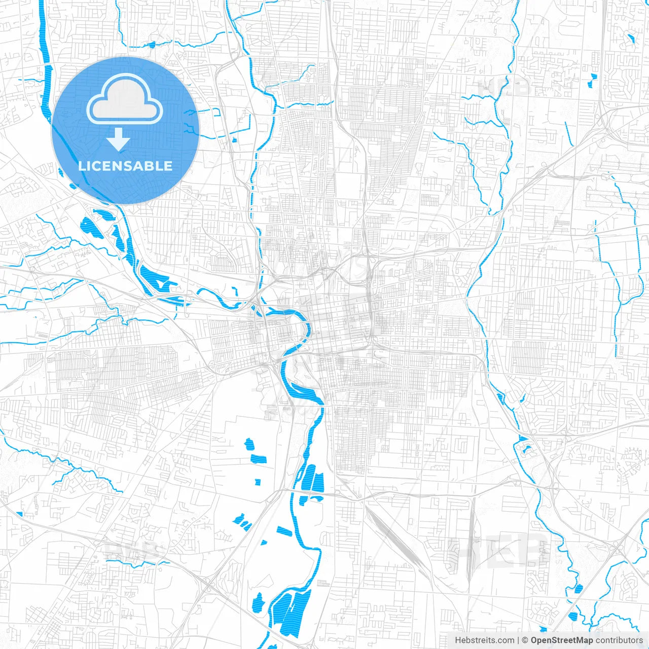 Columbus, Ohio, United States, PDF vector map with water in focus