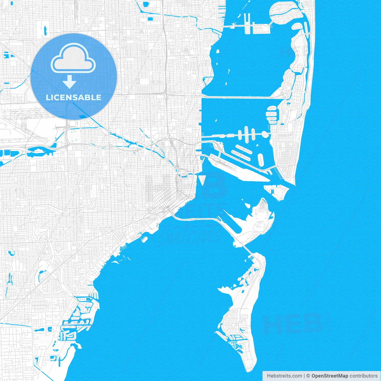 Miami, Florida, United States, PDF vector map with water in focus
