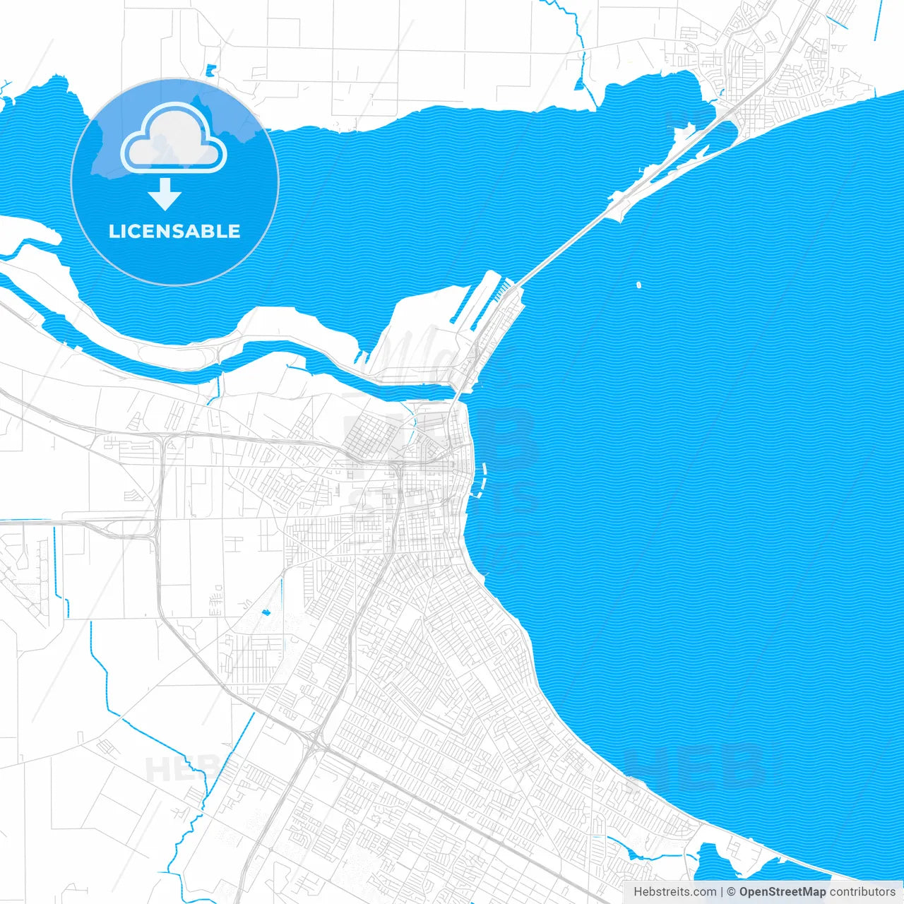 Corpus Christi, Texas, United States, PDF vector map with water in focus