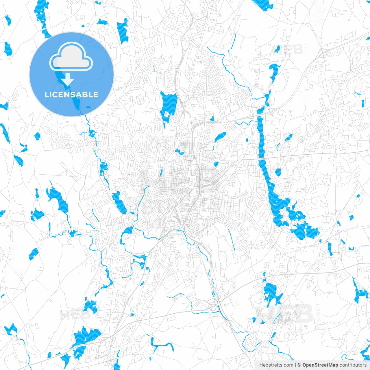 Worcester, Massachusetts, United States, PDF vector map with water in focus
