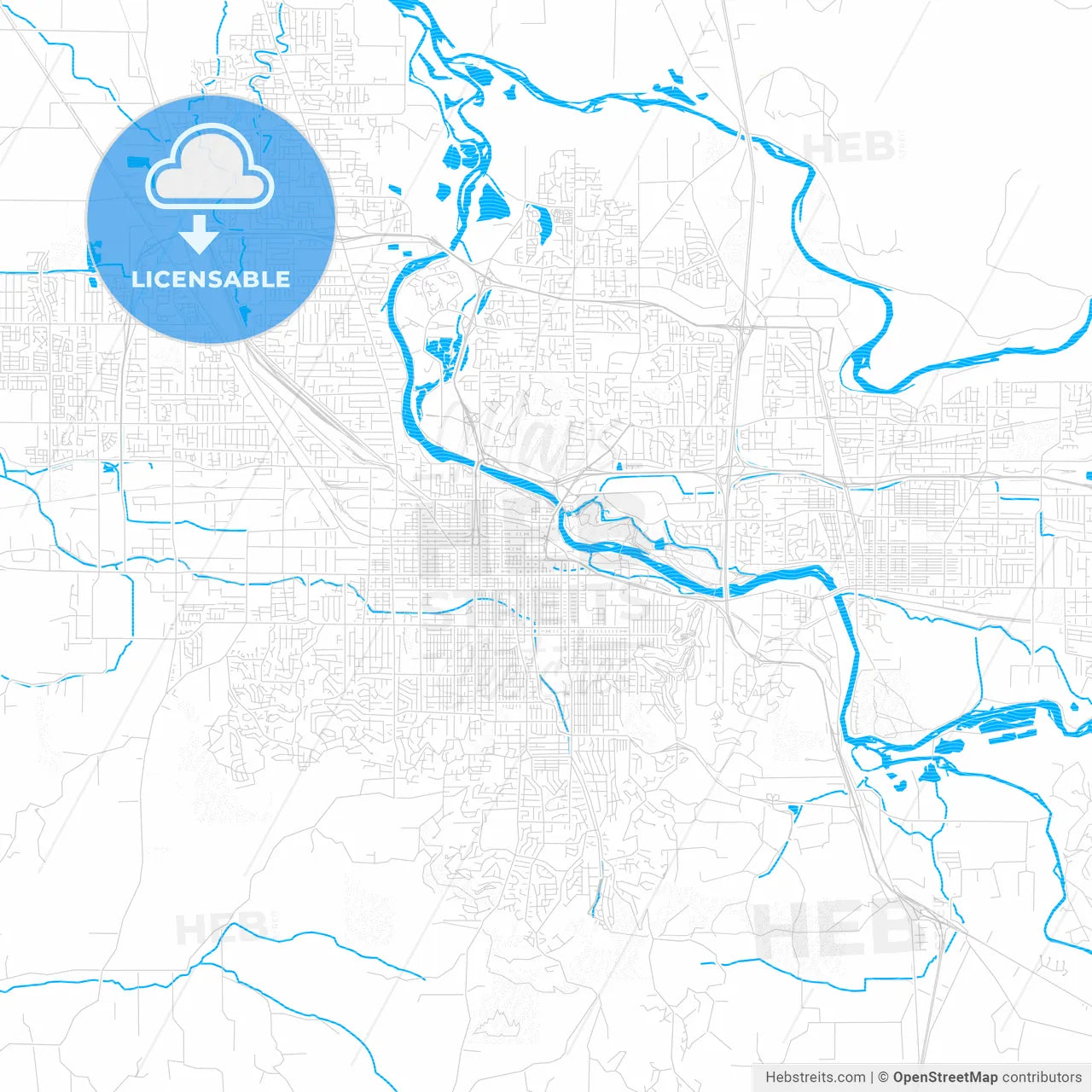 Eugene, Oregon, United States, PDF vector map with water in focus