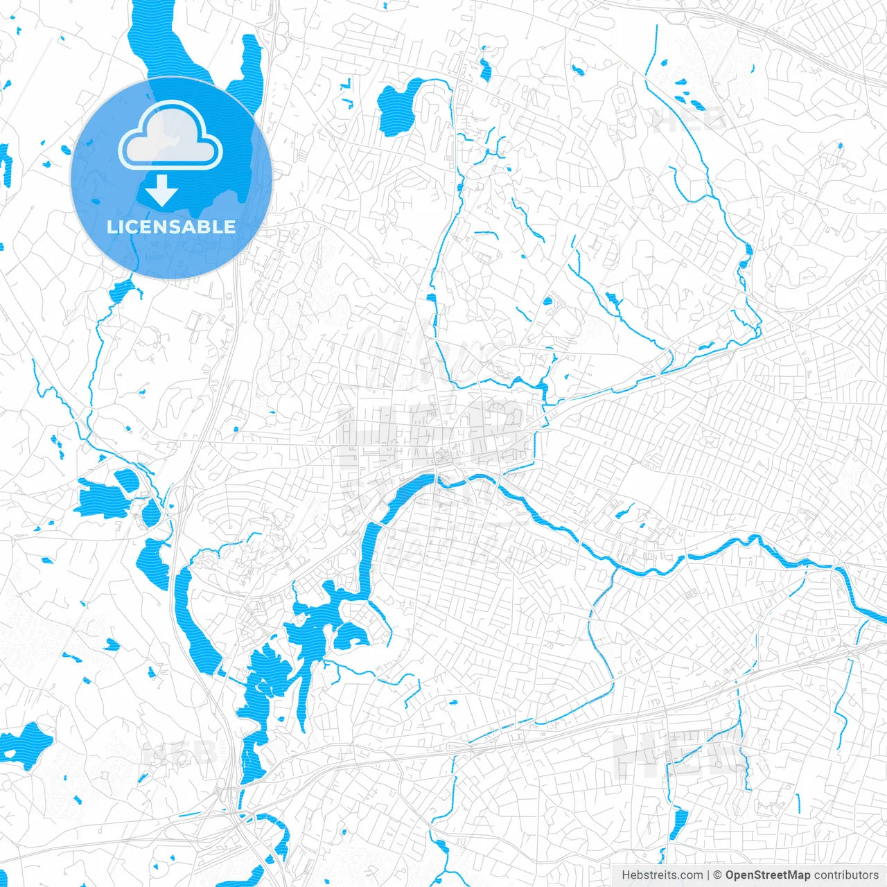 Waltham, Massachusetts, United States, PDF vector map with water in focus