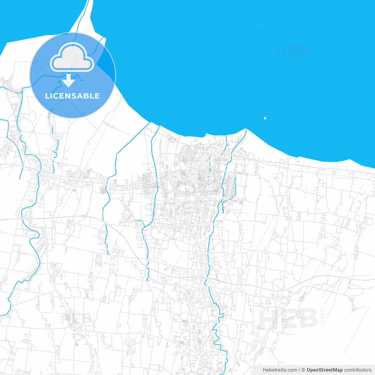 Tegal, Indonesia PDF vector map with water in focus