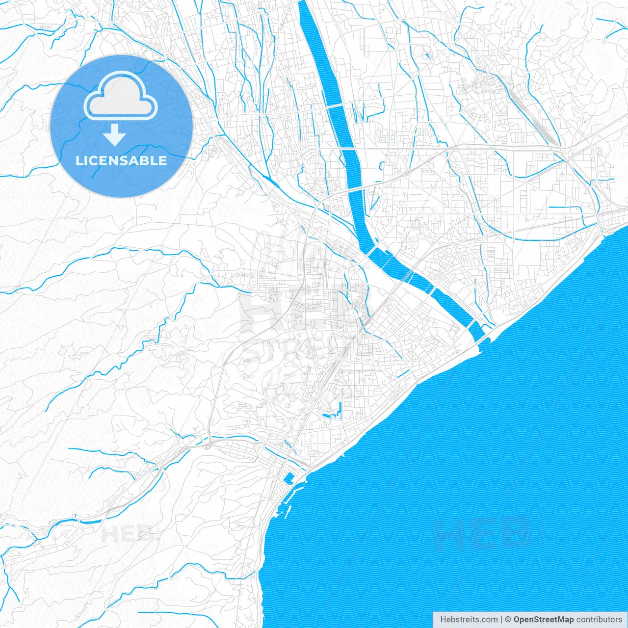 Odawara, Japan PDF vector map with water in focus