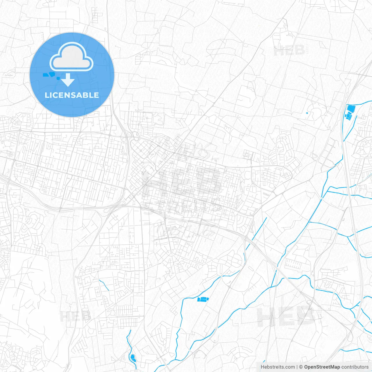 Kfar Saba, Israel PDF vector map with water in focus