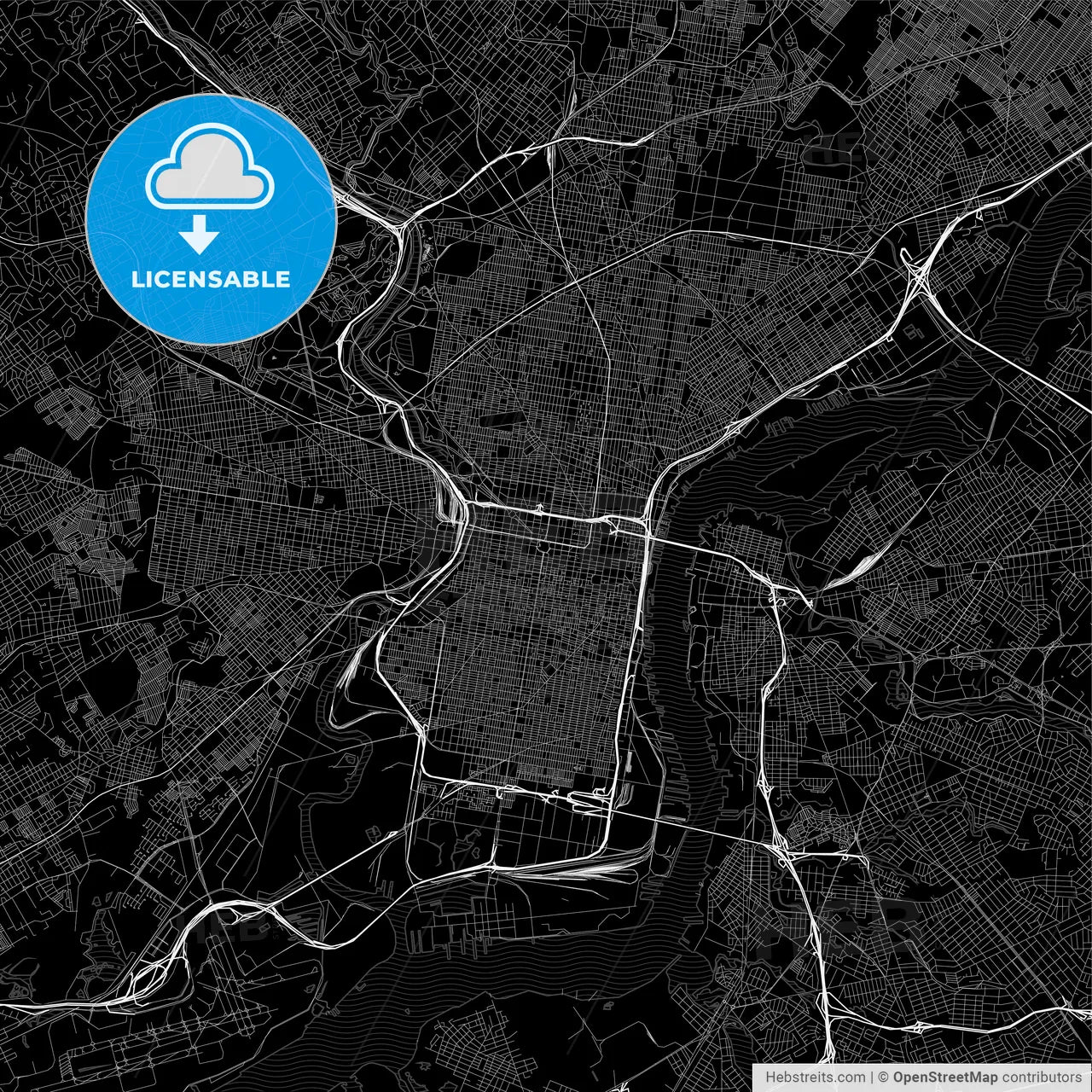 Black downtown map of Philadelphia, Pennsylvania