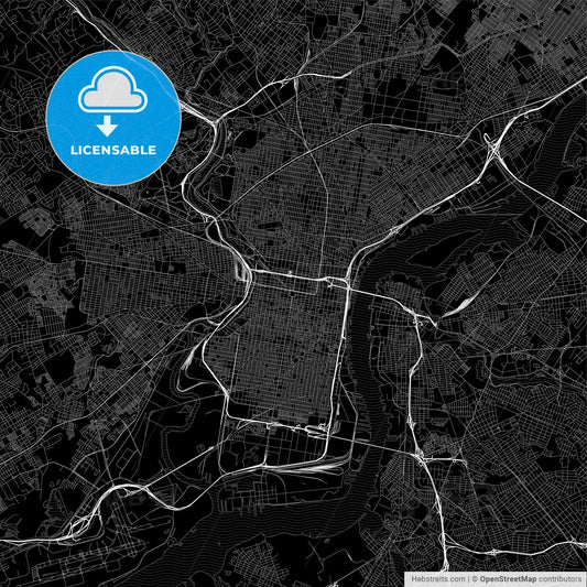 Black downtown map of Philadelphia, Pennsylvania