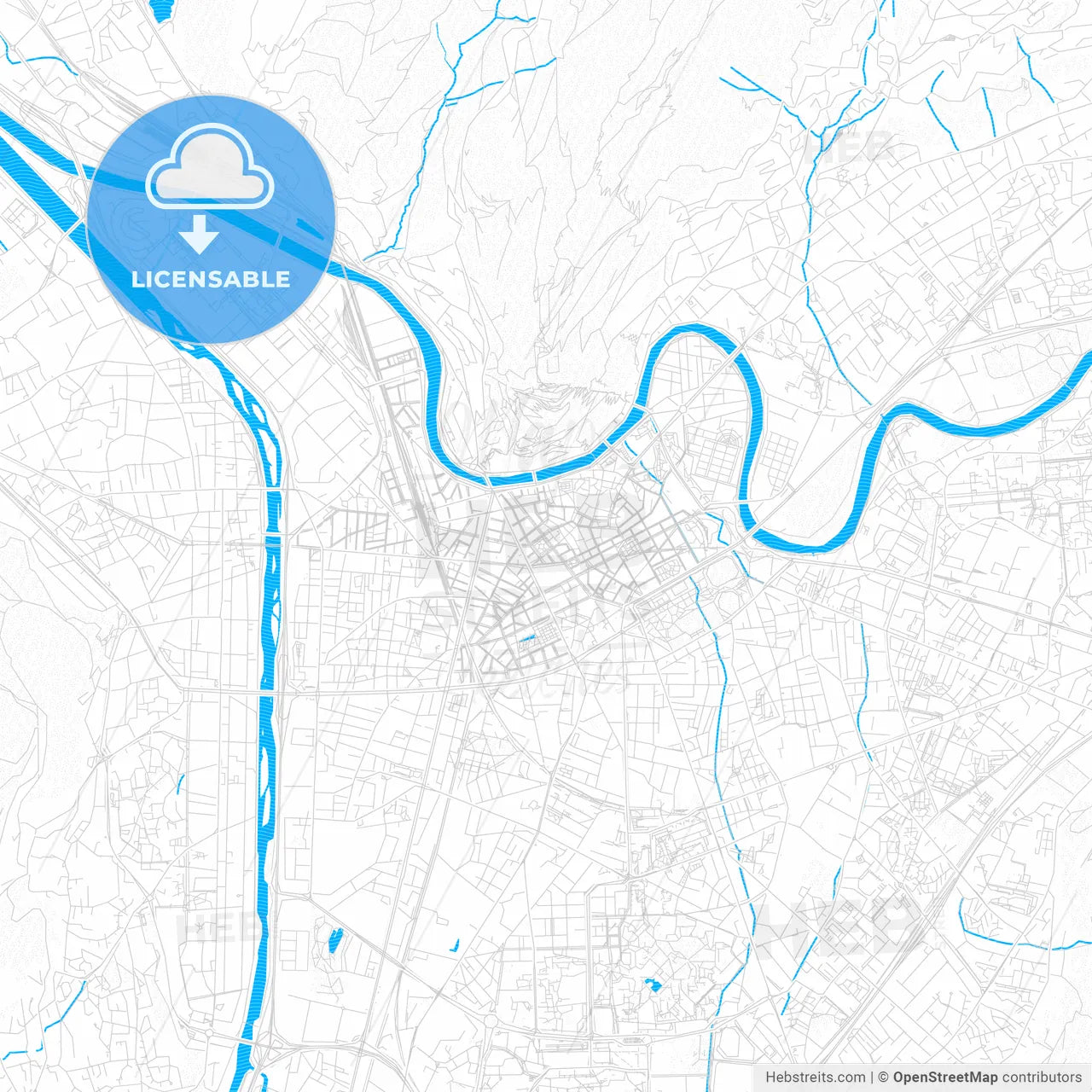 Grenoble, France PDF vector map with water in focus