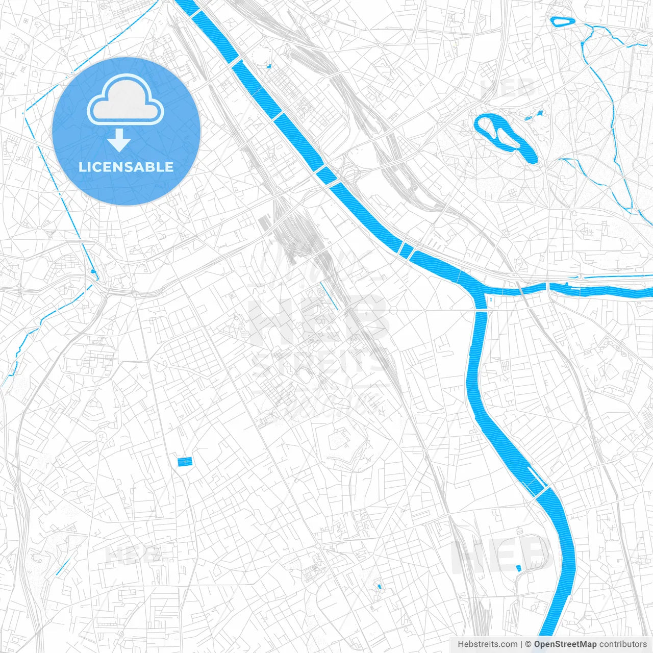 Ivry-sur-Seine, France PDF vector map with water in focus
