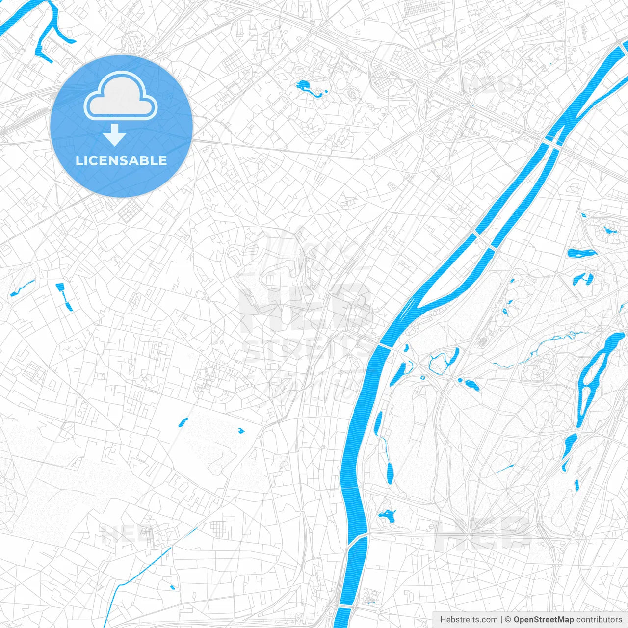 Suresnes, France PDF vector map with water in focus