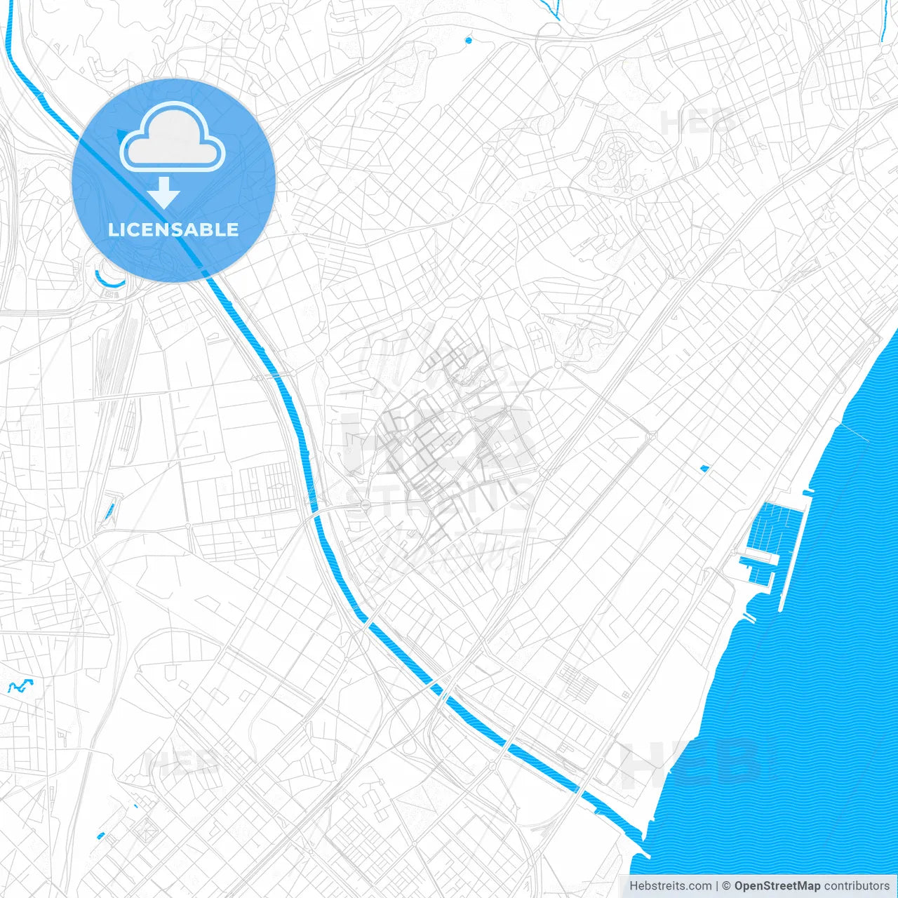 Llefià, Spain PDF vector map with water in focus