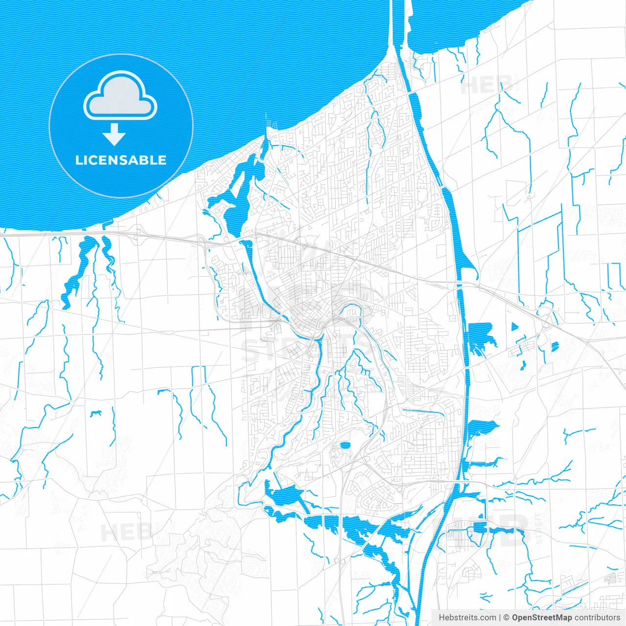 St. Catharines, Canada PDF vector map with water in focus