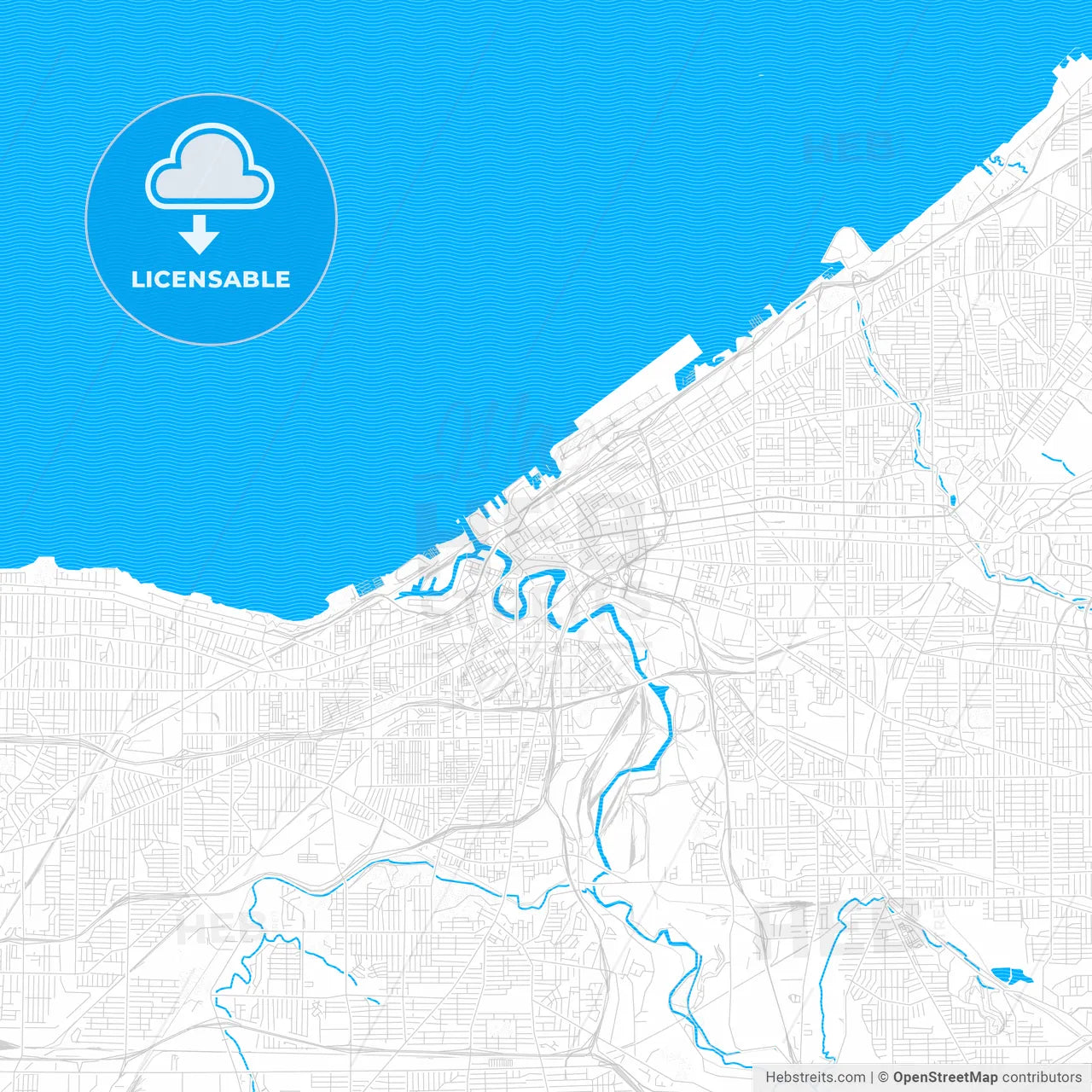 Cleveland, Ohio, United States, PDF vector map with water in focus