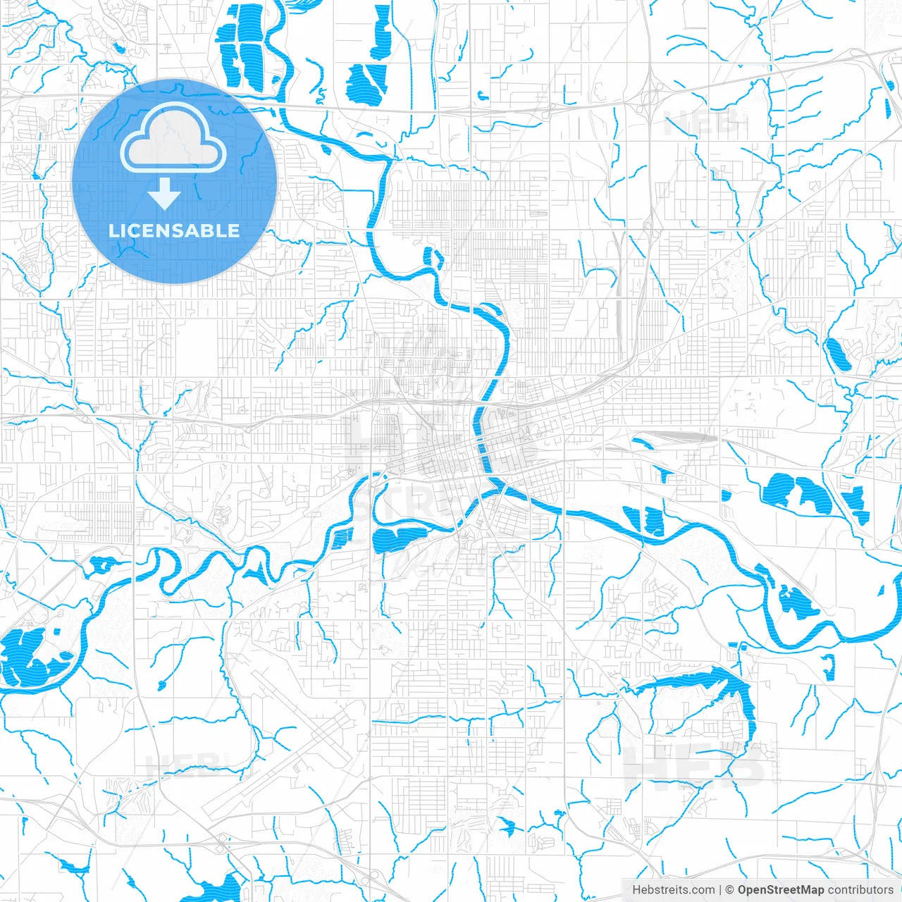 Des Moines, Iowa, United States, PDF vector map with water in focus