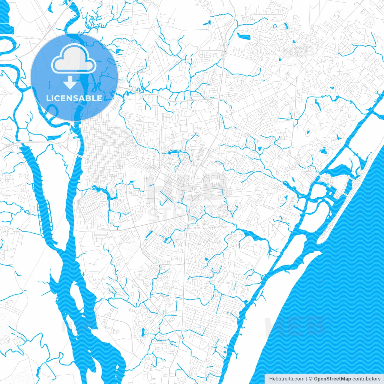 Wilmington, North Carolina, United States, PDF vector map with water in focus