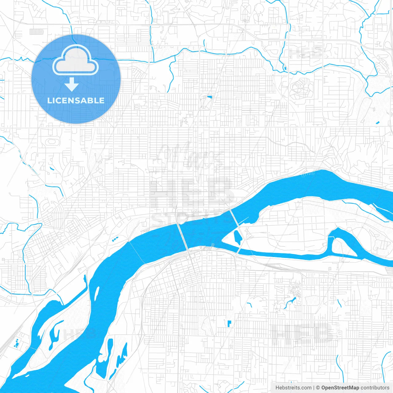 Davenport, Iowa, United States, PDF vector map with water in focus