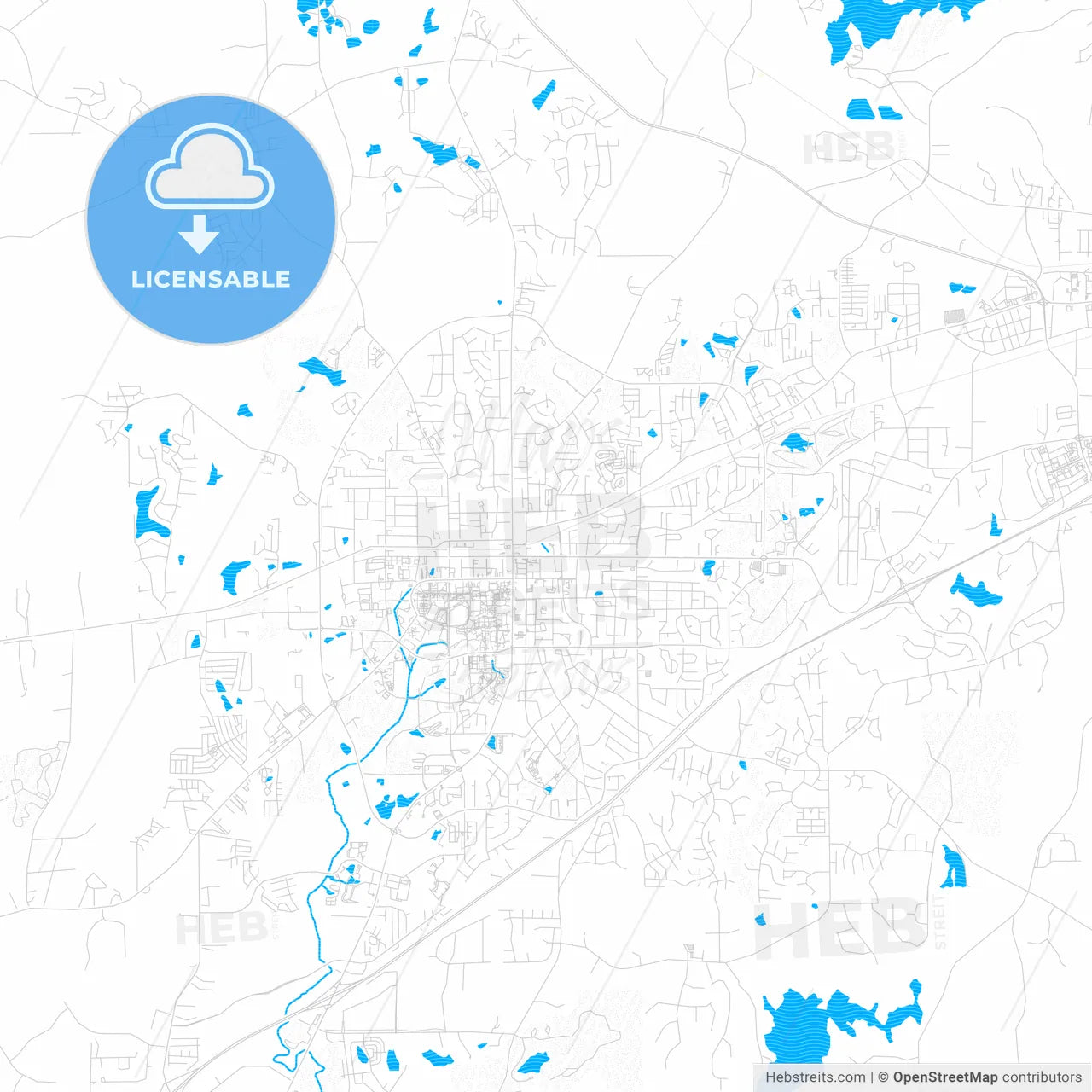 Auburn, Alabama, United States, PDF vector map with water in focus