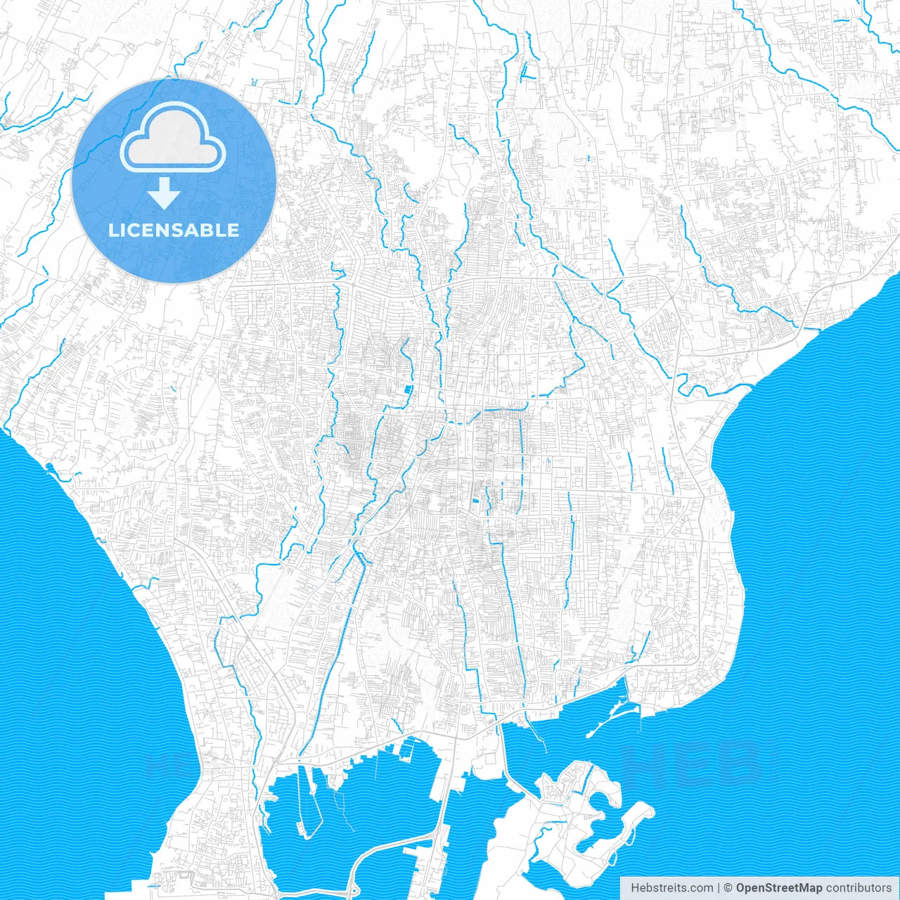 Denpasar, Indonesia PDF vector map with water in focus
