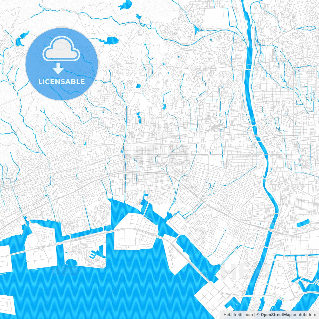 Nishinomiya, Japan PDF vector map with water in focus