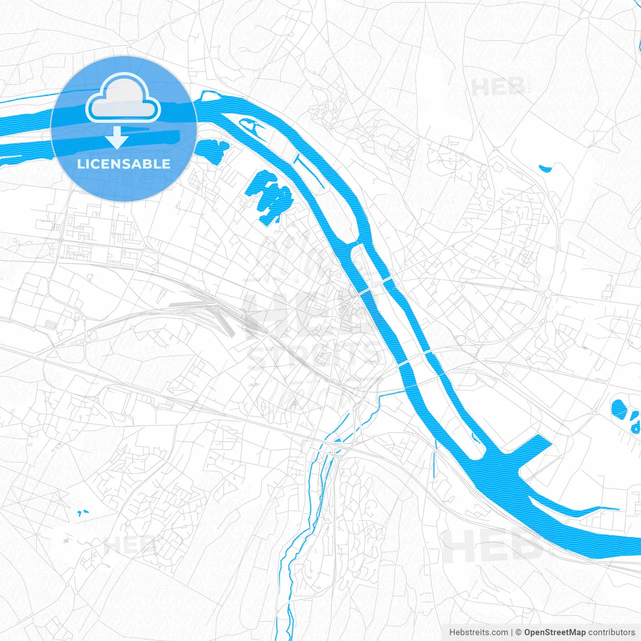 Mantes-la-Jolie, France PDF vector map with water in focus