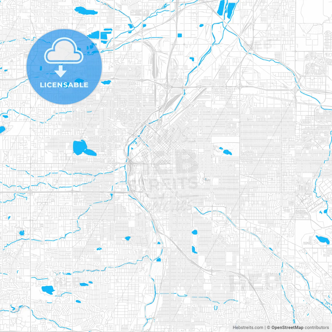 Denver, Colorado, United States, PDF vector map with water in focus