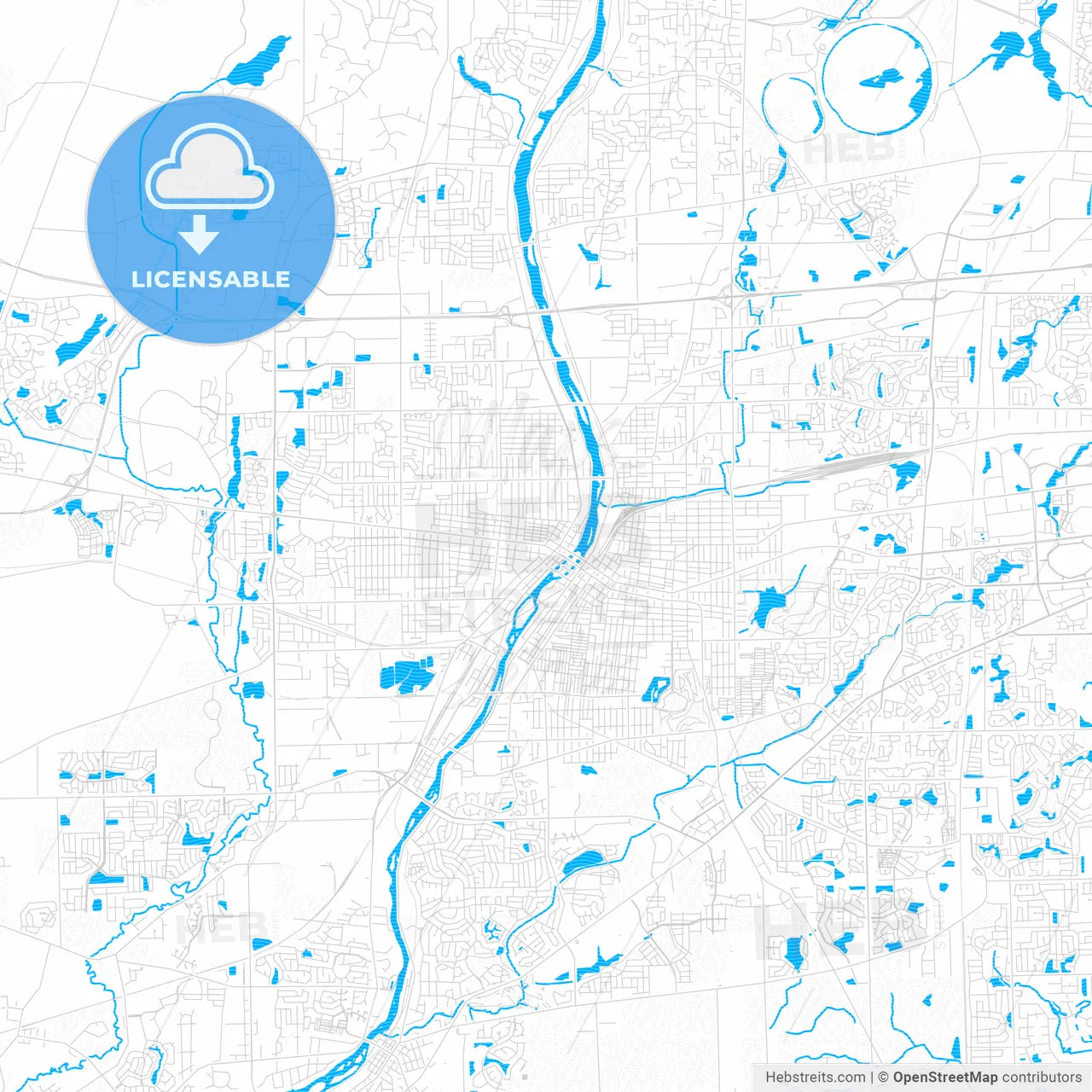 Aurora, Illinois, United States, PDF vector map with water in focus