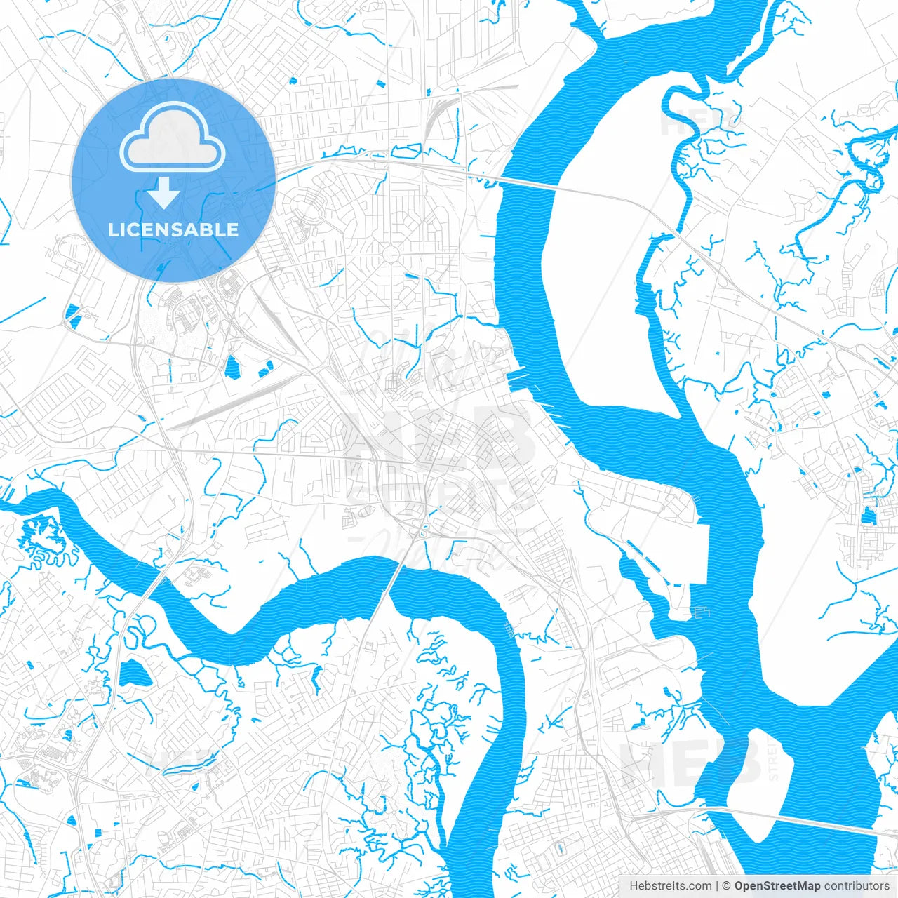 North Charleston, South Carolina, United States, PDF vector map with water in focus
