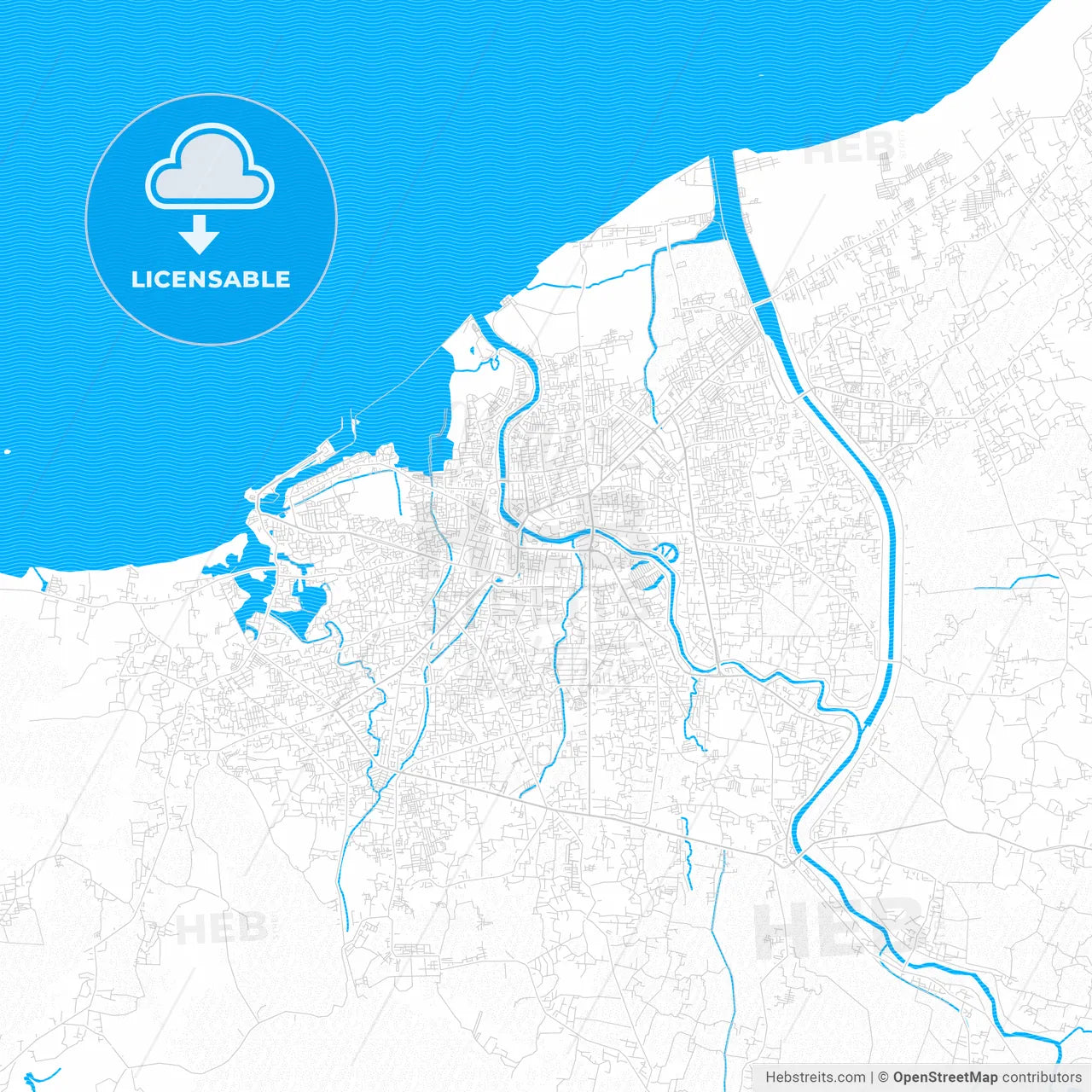 Banda Aceh, Indonesia PDF vector map with water in focus