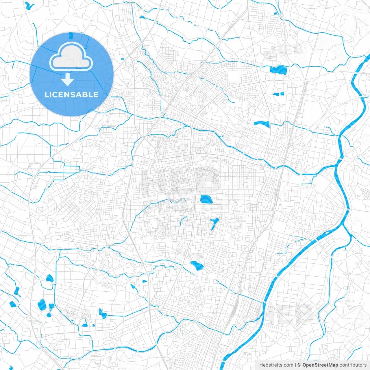 Kōriyama, Japan PDF vector map with water in focus