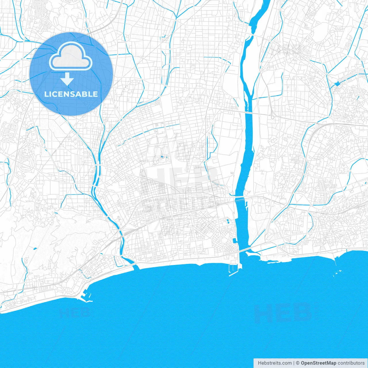 Hiratsuka, Japan PDF vector map with water in focus