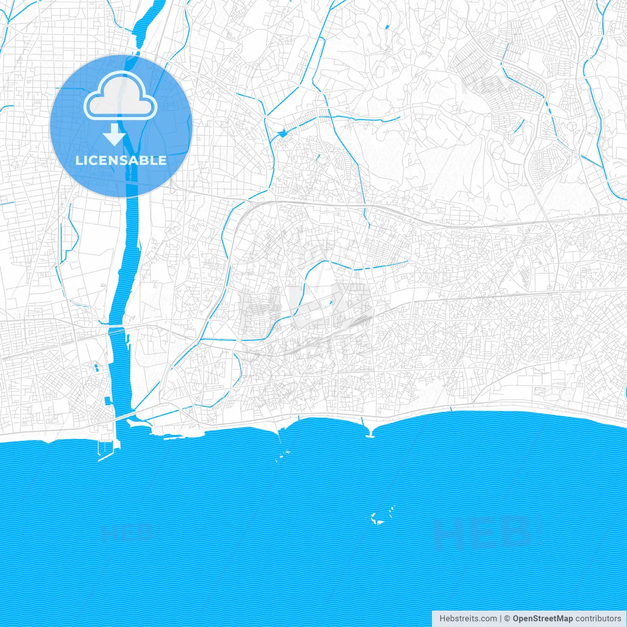 Chigasaki, Japan PDF vector map with water in focus
