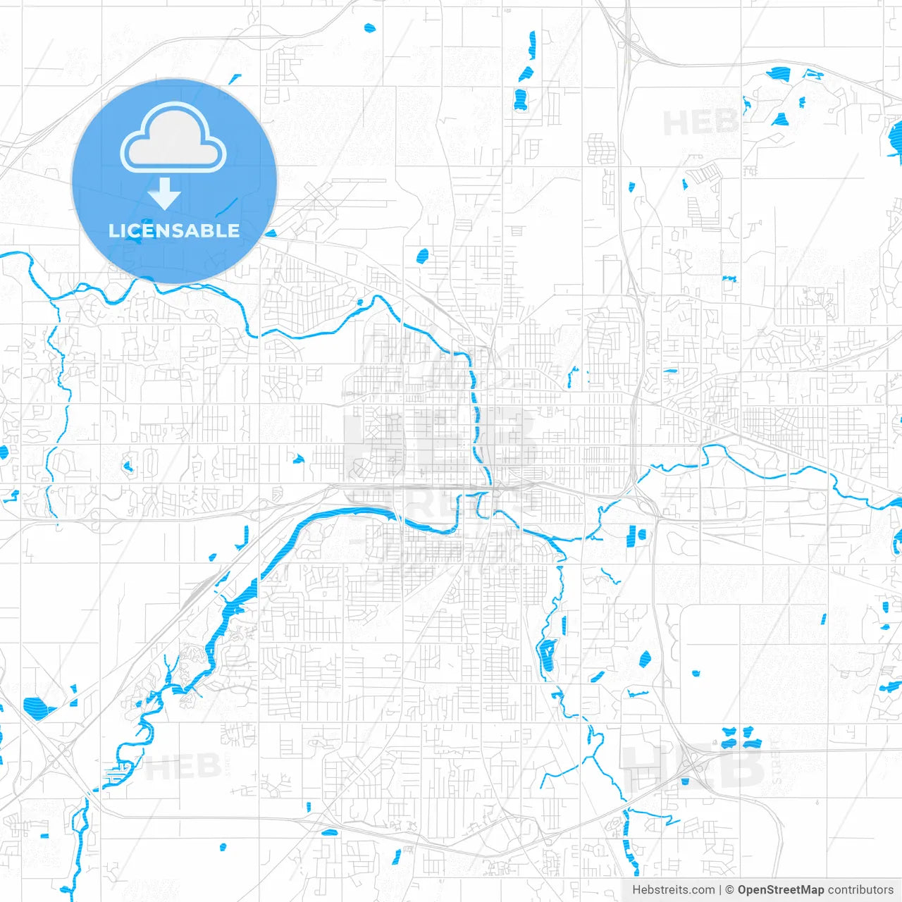 Lansing, Michigan, United States, PDF vector map with water in focus