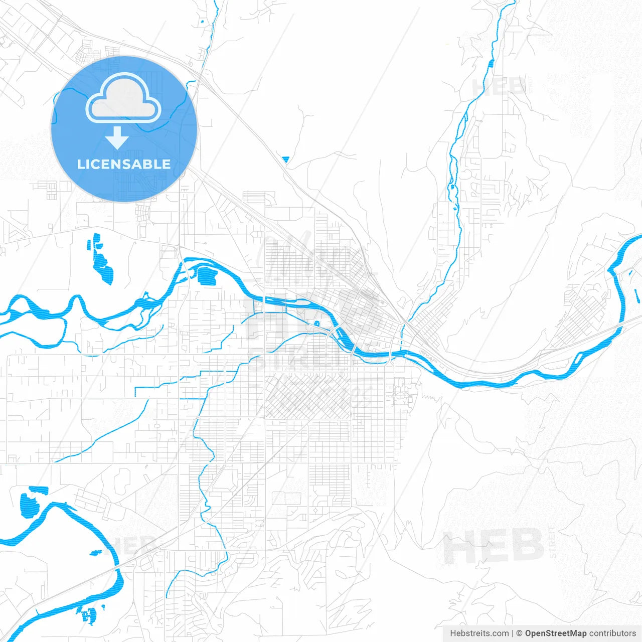 Missoula, Montana, United States, PDF vector map with water in focus