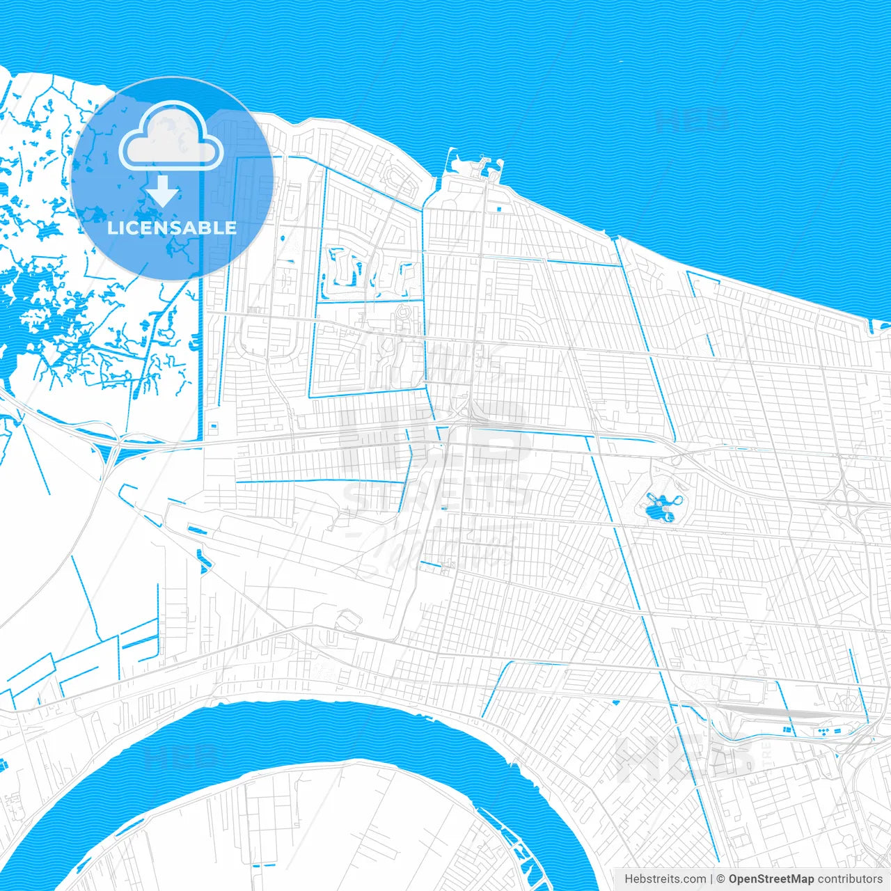 Kenner, Louisiana, United States, PDF vector map with water in focus