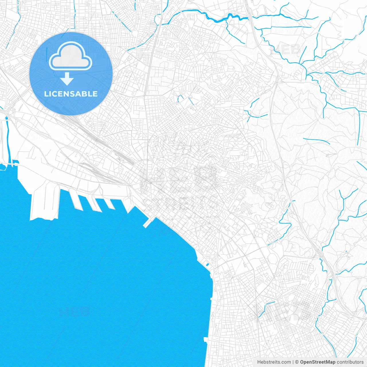 Thessaloniki, Greece PDF vector map with water in focus