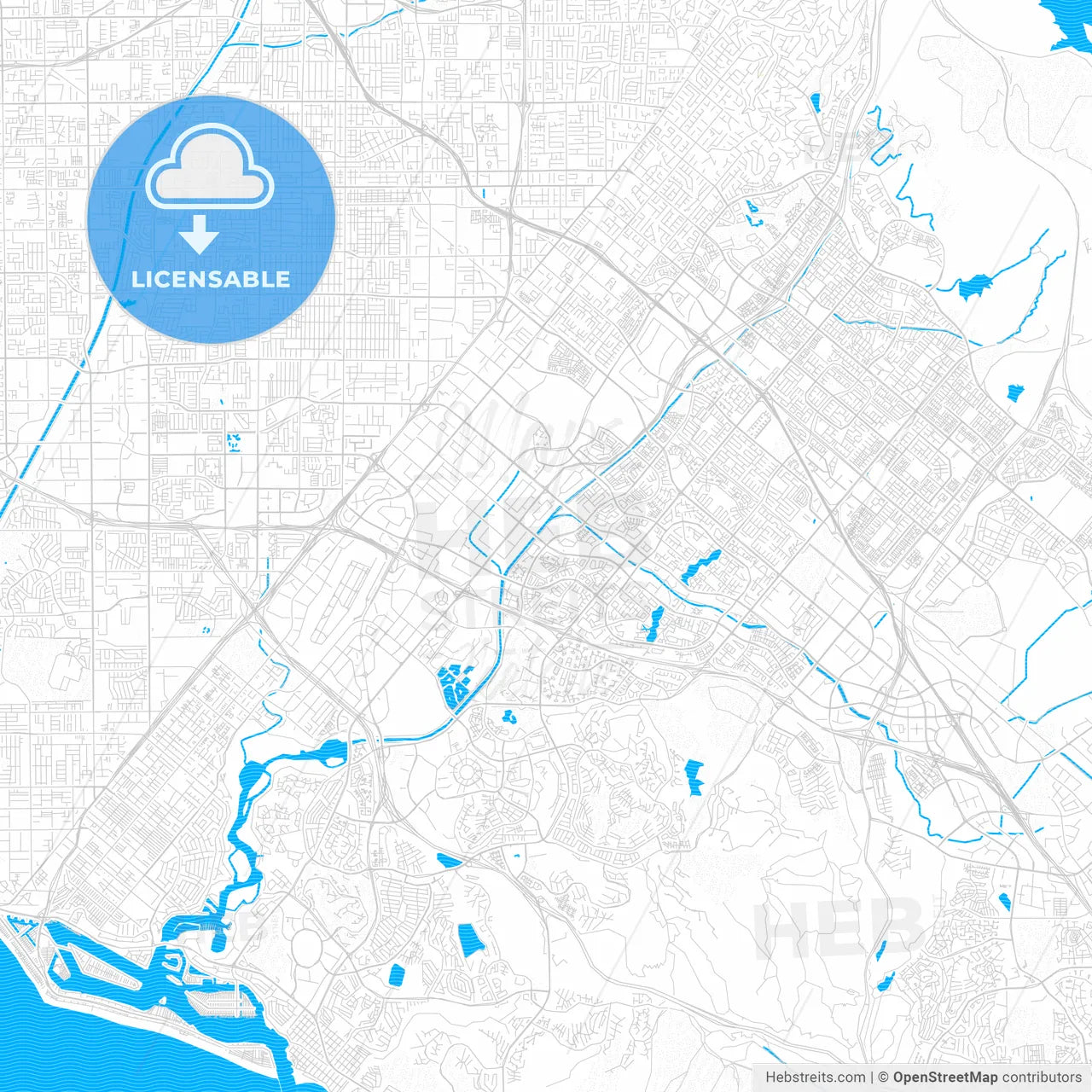 Irvine, California, United States, PDF vector map with water in focus