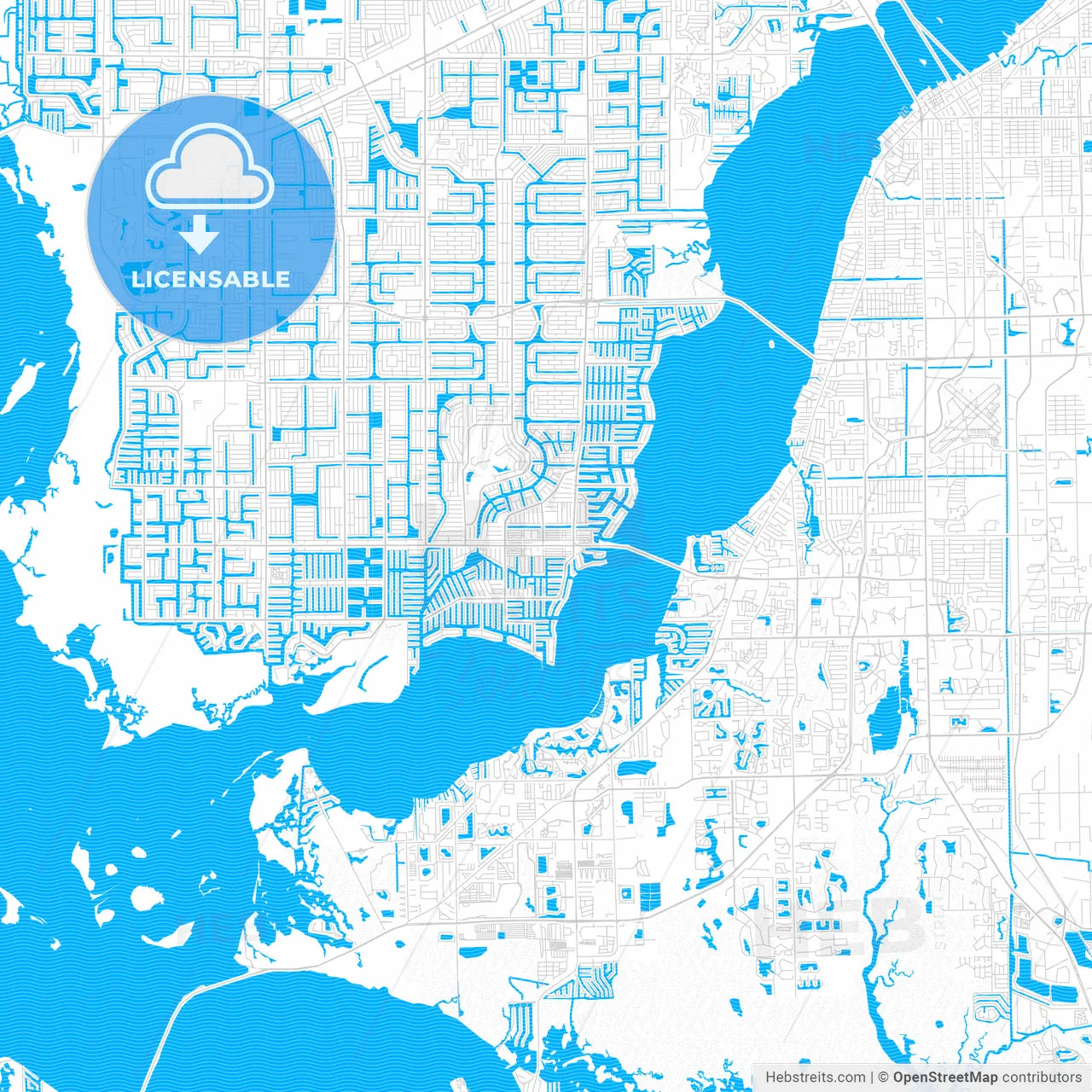 Cape Coral, Florida, United States, PDF vector map with water in focus